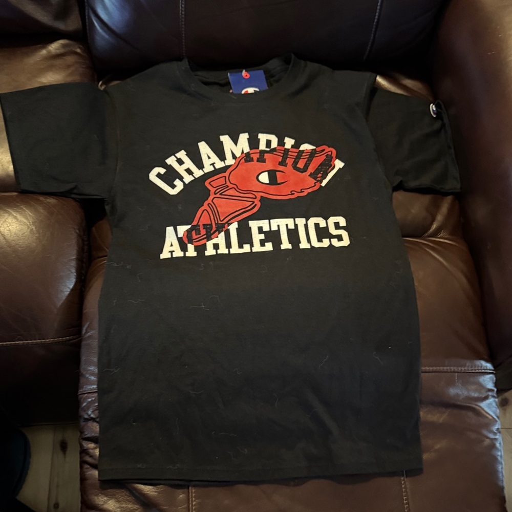 Champion Black Tee with Red and White Graphic